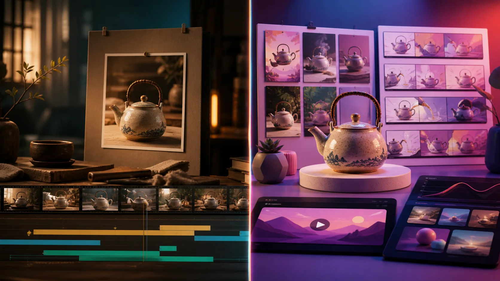 Editorial split scene comparing two AI video reference and storyboard workflows
