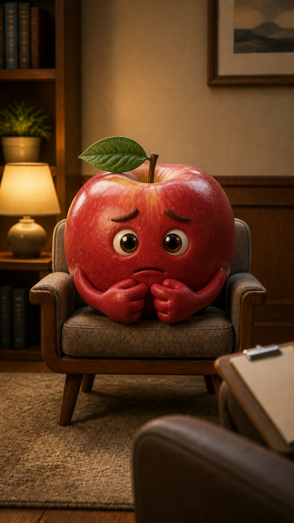 Red apple character sitting in a therapist's chair
