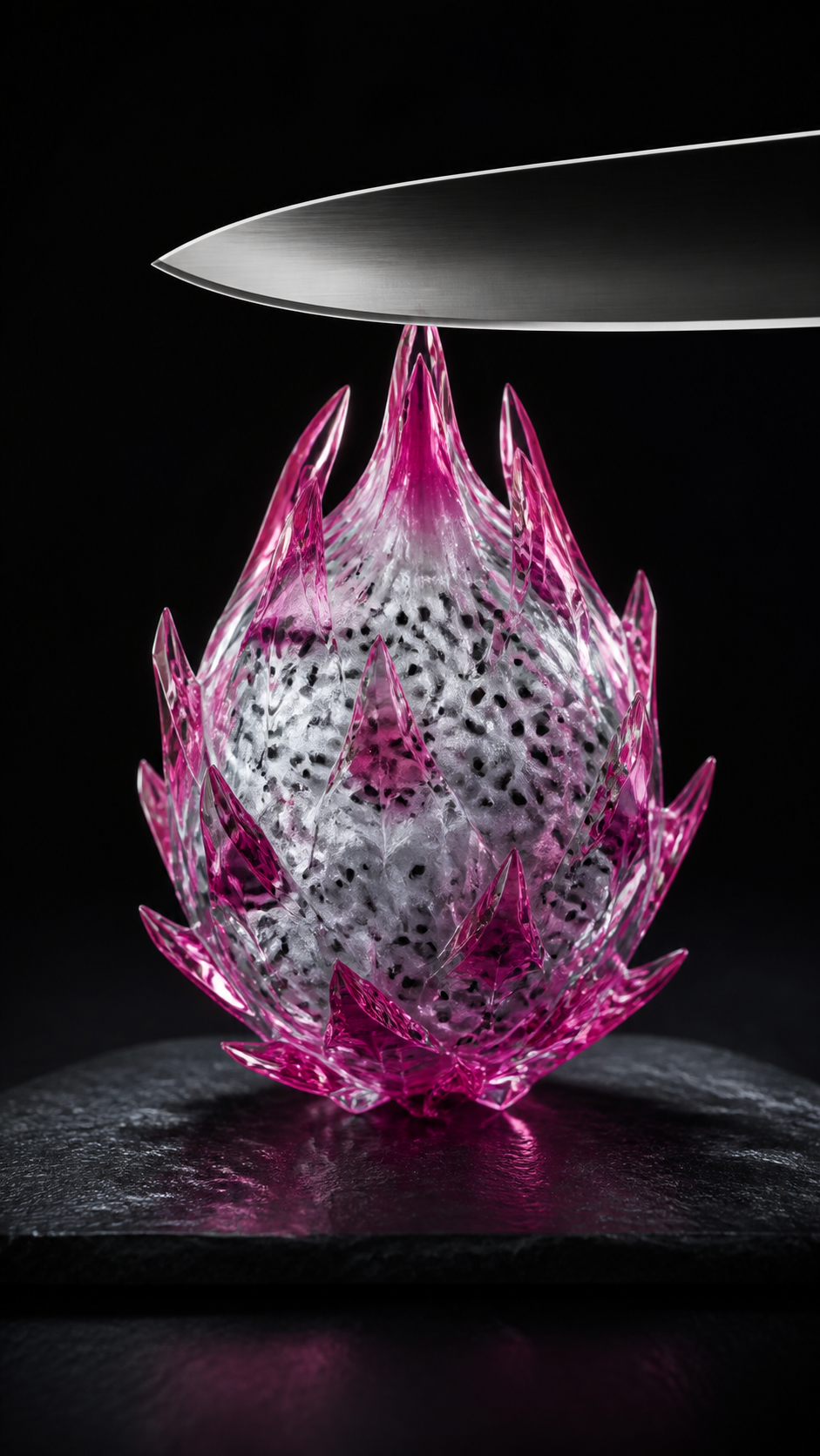 Translucent crystal dragon fruit beneath a chef's knife