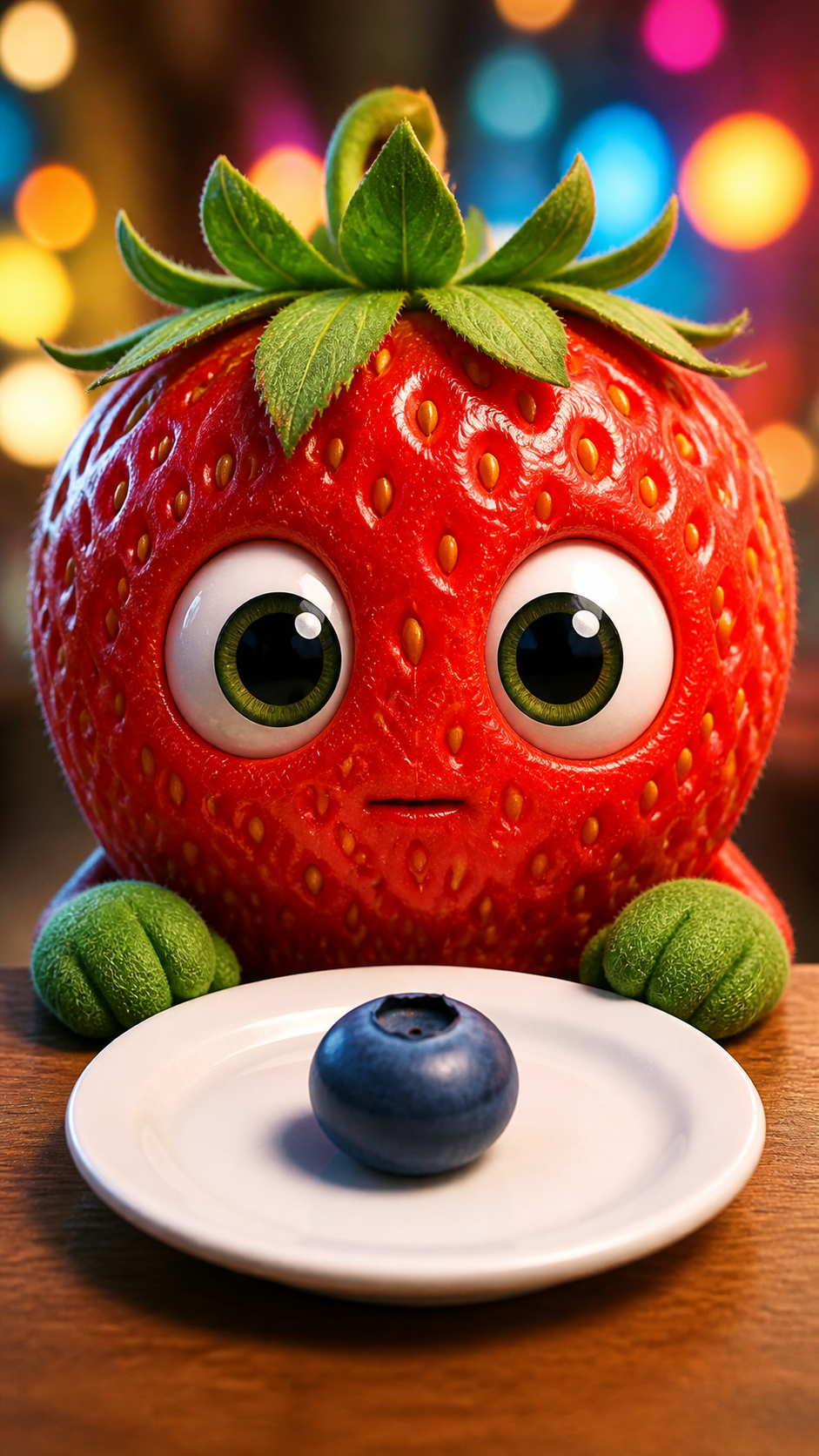 Strawberry character at a tiny table with one blueberry